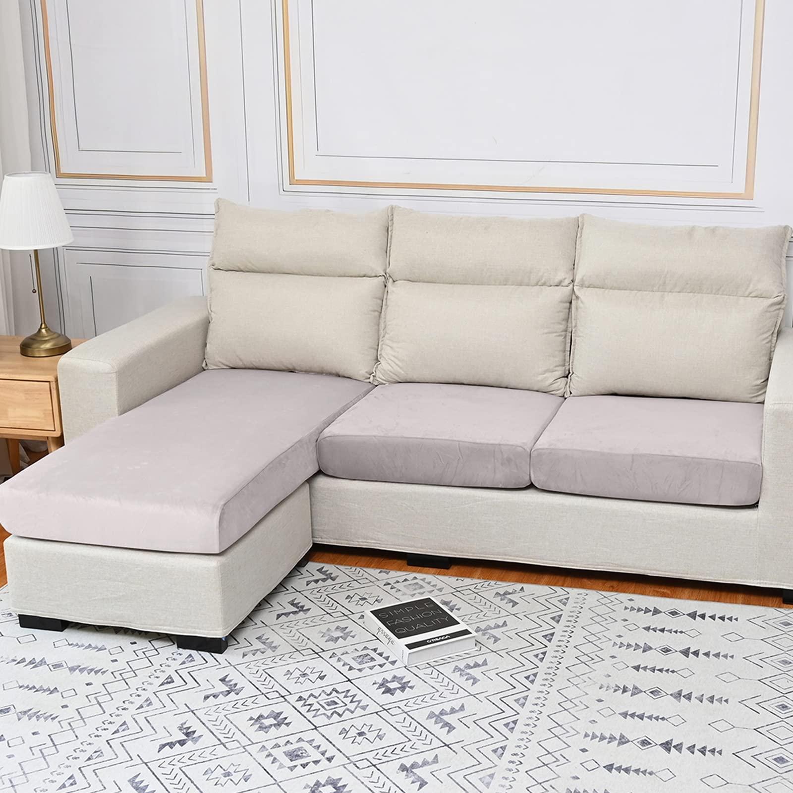 Rosnek Stretch Velvet Sofa Cushion Covers, Elastic Sofa Seat Cover for 1 Seater, Universal Non-Slip Couch Slipcovers Replacement, Home Furniture Protector with Elastic Bottom, 1PCS, Pinky Beige