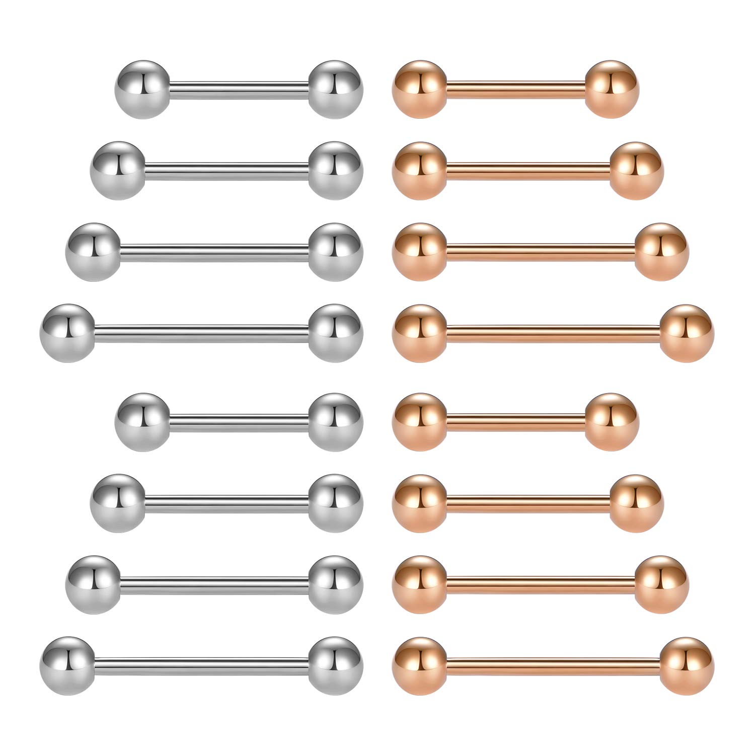 LAURITAMI 16pcs Tongue Bars 14G 12-18mm Straight Barbell Surgical Steel Tongue Nipple Ring Piercing Jewellery Women Men