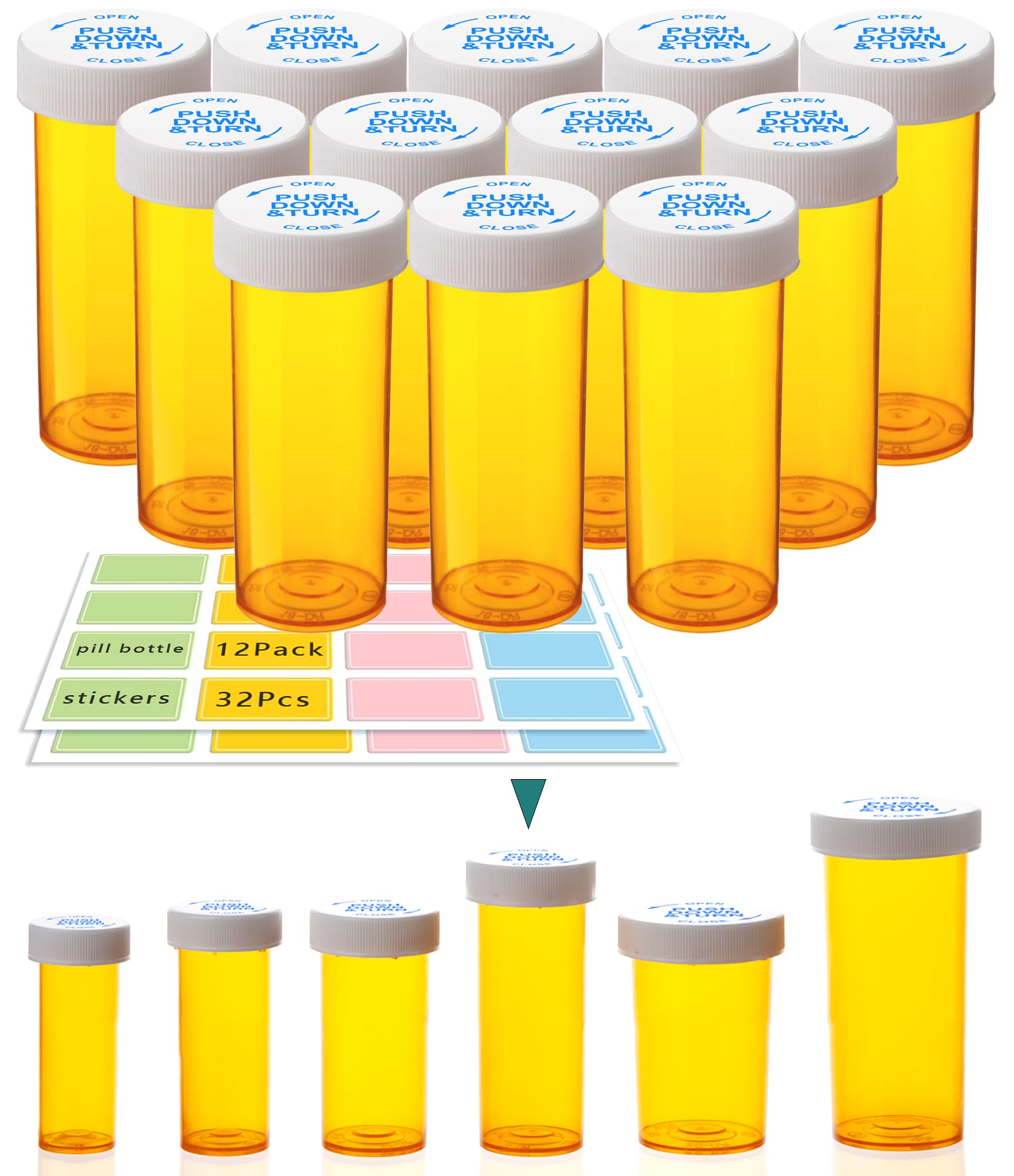 Photo 1 of Zoeynex 2oz Childproof Pill Bottles (12 Pack) - Moisture-Resistant Prescription Vials with Labels, BPA Free, Orange - for Pills, Vitamins, Supplements, Travel & More