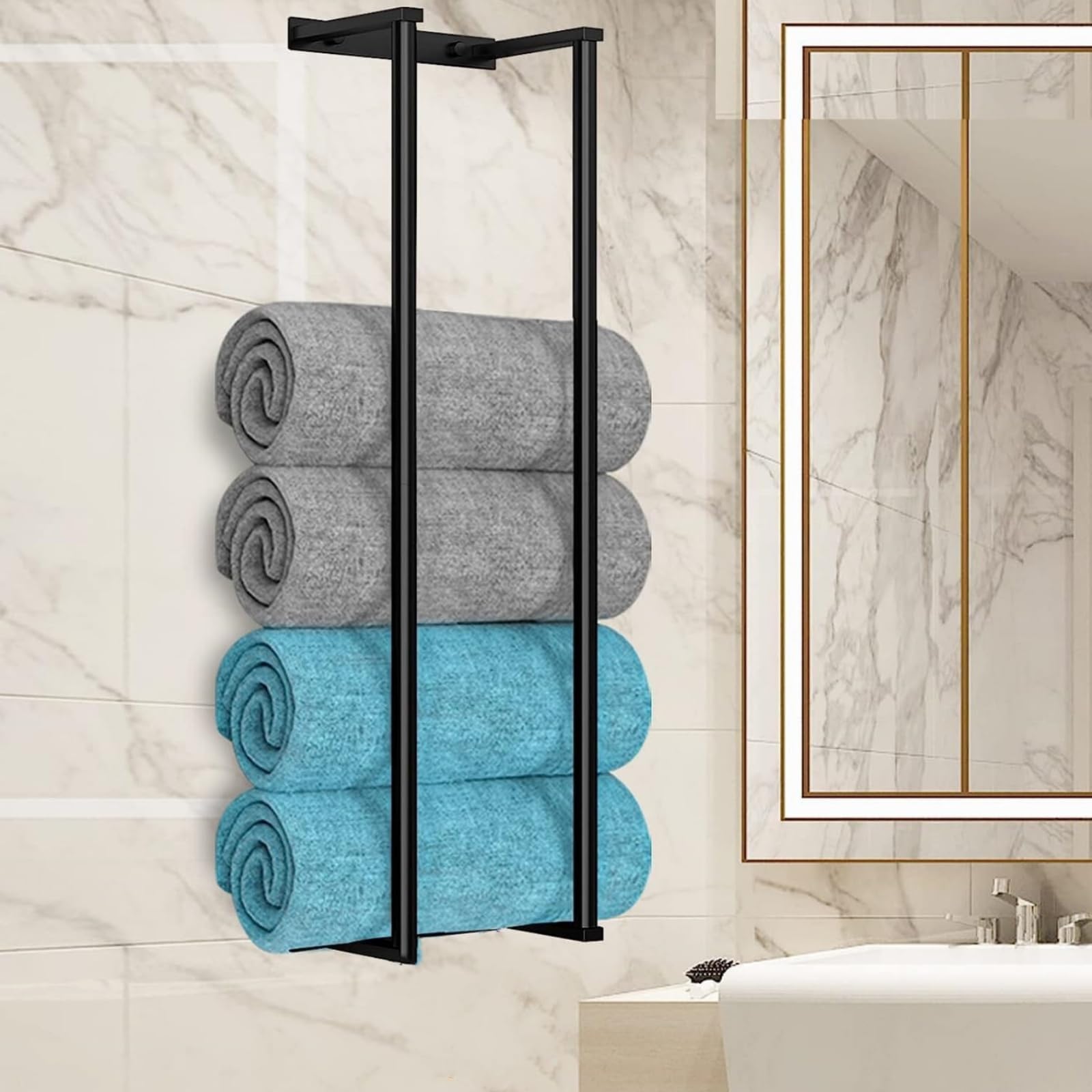 タオルラック 壁取り付け バスルームタオル収納 バスタオルラック 丸めて収納ランドリーラック バスタオル置き 折りたたみ大型タオル洗面タオル用 取り付け簡単 ブラック
