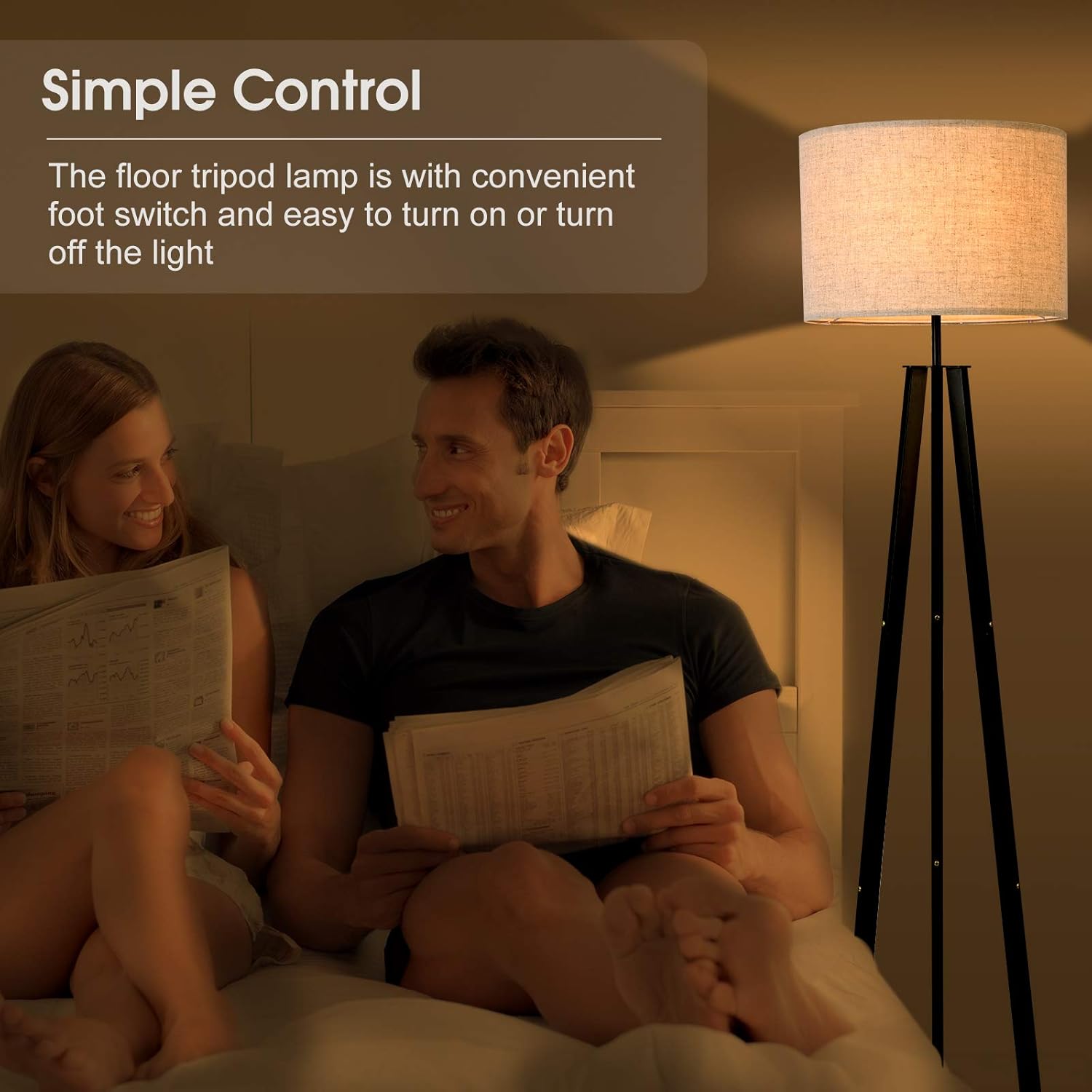 Floor Lamp Standing Lamp, Black Tripod Floor Light, Modern Design Studying Light for Living Room, Bedroom, Study Room and Office, Flaxen Lamp Shade with E26 Lamp Base - - 