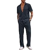 COOFANDY Men's 2 Piece Outfit Casual Short Sleeve Button Down Shirt Beach Summer Loose Pant Sets
