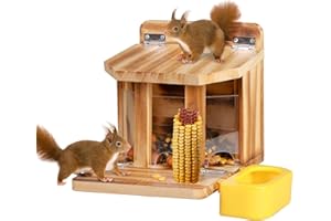 MIXXIDEA Wooden Squirrel Feeder with Water Bowl, Large Capacity Squirrels Feeders for Outside, Sturdy Construction, No Assembly Lovely Chipmunk Feeder for Corn, Peanut, Nuts, Chestnuts (Brown-1pk)