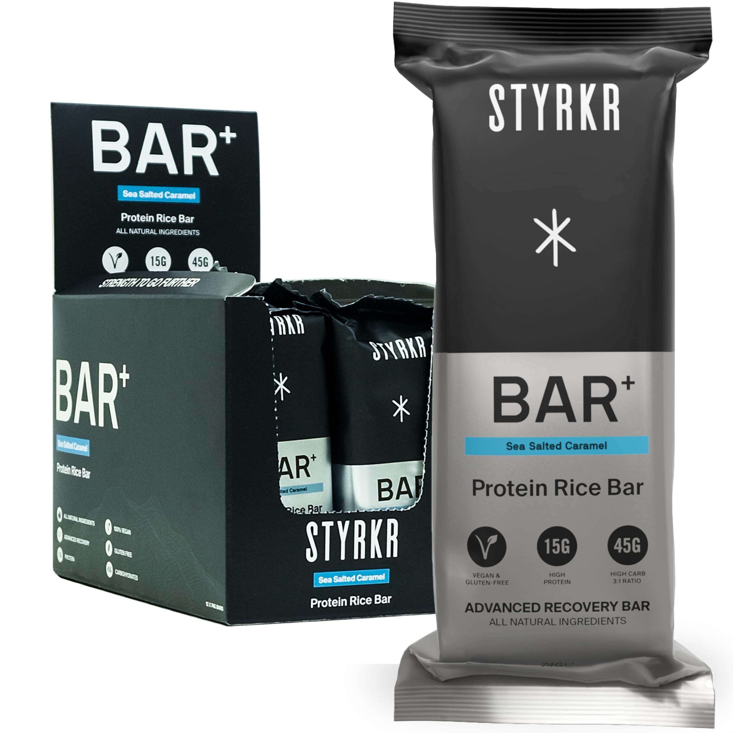 Styrkr BAR+ High Protein Energy Bars - 15g of Protein & 45g of Carbs - Pack of 12 Rice Bars - Sea Salted Caramel Flavour - Approved by Endurance Athletes for Cycling & Running - 12x Pack