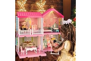 BOBXIN Doll House for Girls, Dreamhouse Building Toy, Dollhouse Furniture and Accessories, Light Up Dollhouse with Doll, DIY Cottage Pretend Play Princess House for Toddlers and Kids (4 Rooms)