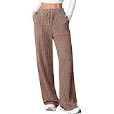 Aleumdr Womens Ribbed Wide Leg Lounge Pants with Pockets Casual Relaxed Comfy Loose Soft Knit Pajama Pants with Drawstring