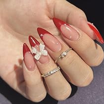 Amazon.com: Uñas postizas a presión de punta francesa roja de ...