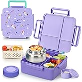 Norxely Bento Box for Kids with Thermos, [Large Capacity] Insulated Kids Lunch Box with 4 Compartment for Ages 3+, Drop-Proof & Dishwasher Safe Lunchbox Container Purple