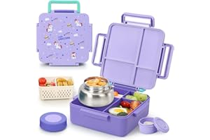 Norxely Bento Box for Kids with Thermos, [Large Capacity] Insulated Kids Lunch Box with 4 Compartment for Ages 3+, Drop-Proof & Dishwasher Safe Lunchbox Container Purple