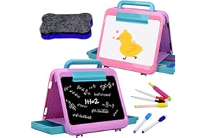 LEERFEI Easel for Kids - Art Easel for Toddler-Chalkboard White Board for Kids- Dry Erase Table Top Easel for Kids-Foldable Double-Sided Easel-Portable Desktop Easel for Toddler Kids 3 4 5 6 7(Blue & Pink)