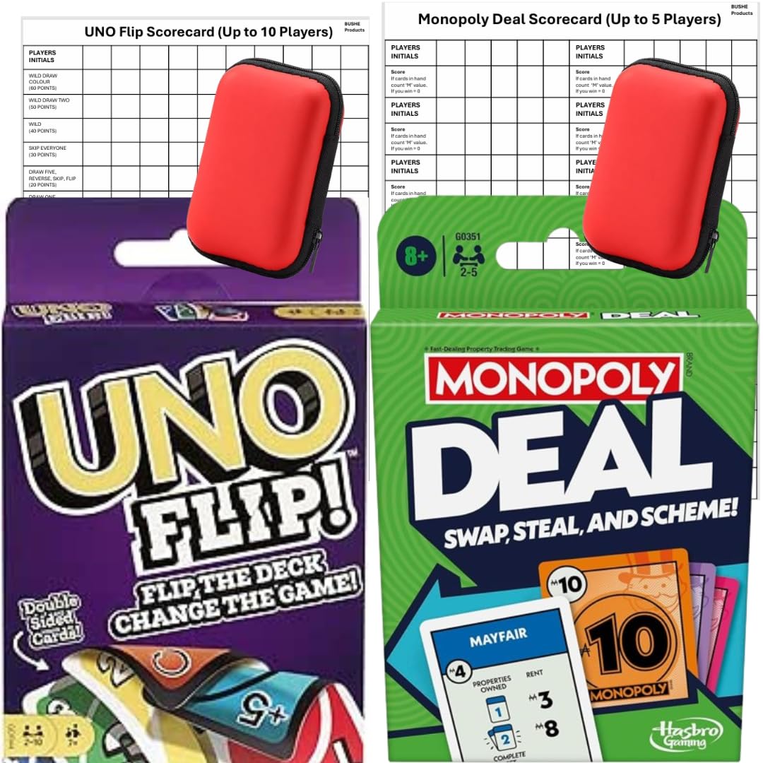 G&C PRODUCTS Uno Flip and Monopoly Deal Card Game Bundle – Travel Card Game Set for Game Nights with Scorecards and Travel Cases – Compact Card Games for Teens and Adults
