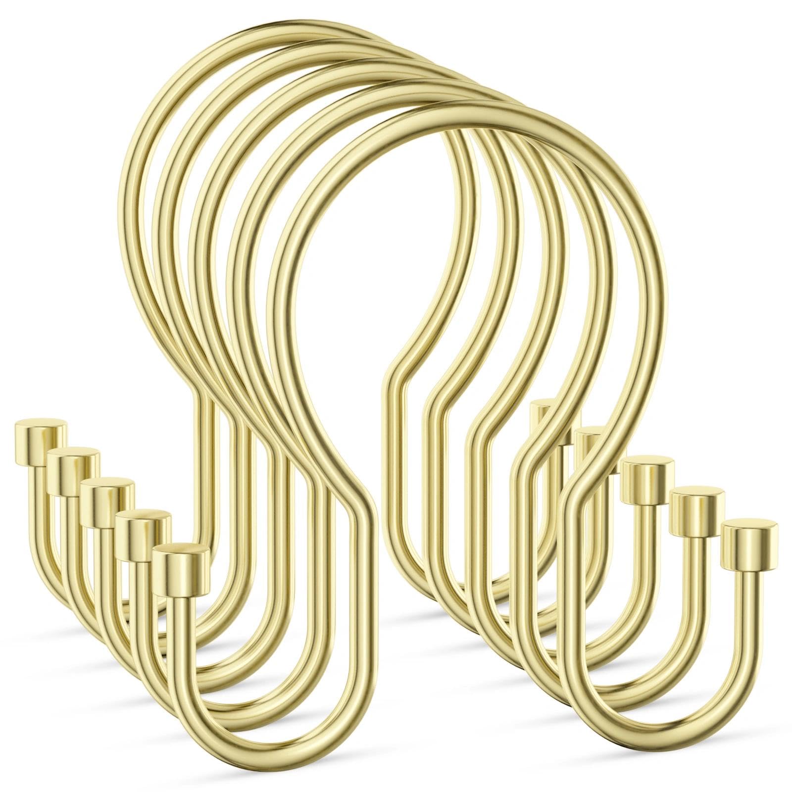 Goowin Shower Curtain Hooks, Simple Shower Curtain Rings, Sturdy Shower Curtain Hangers, Double Hook Gold Shower Curtain Hooks, Smooth Gliding Metal Shower Hooks for Shower Curtain (Gold, 24 Pack)