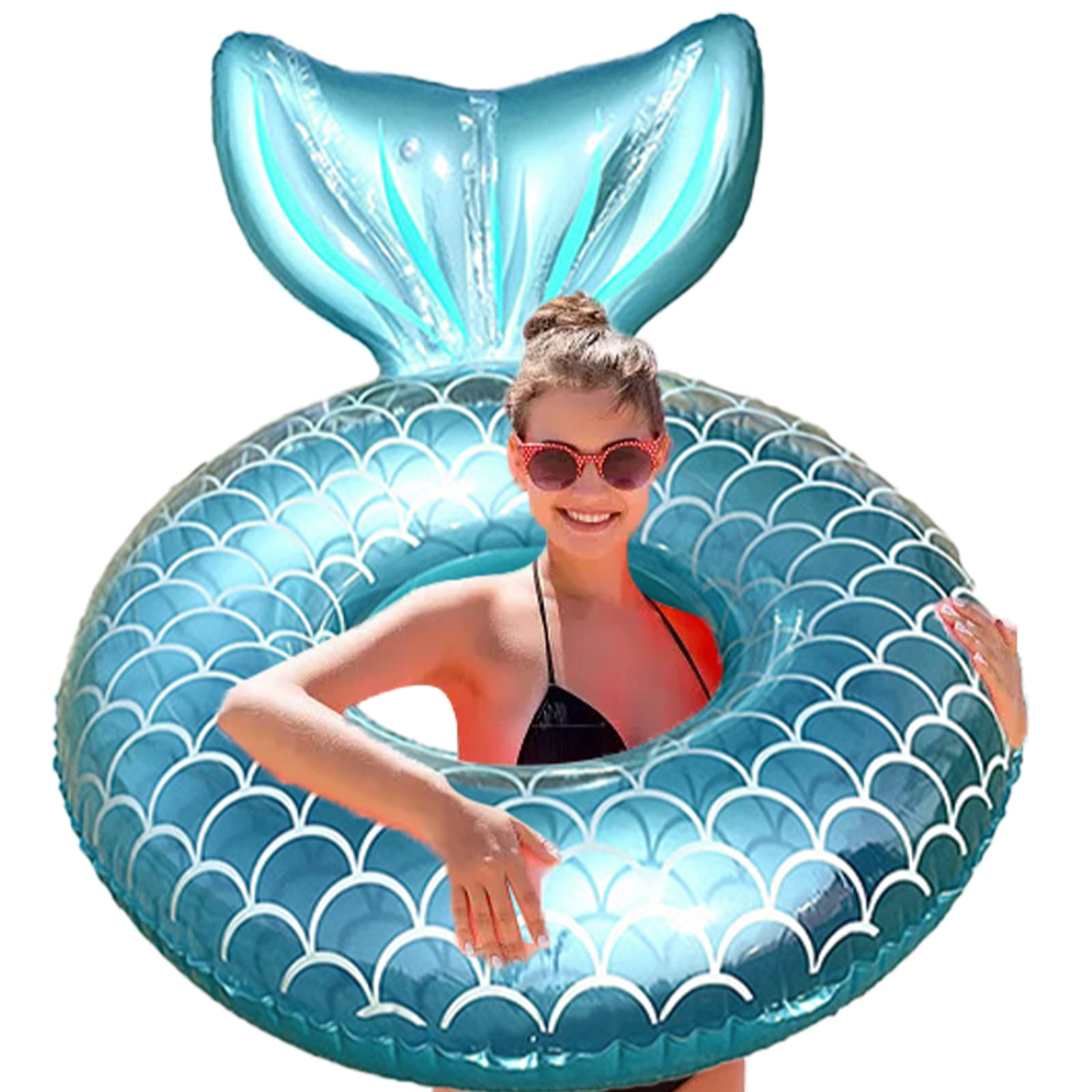 Fishtail Inflatable Swimming Rings for Adults, Pool Ring Pool Inflatable, Transparent Rubber Rings with Sequin, Pool Rings for 6-14 Years Old, Large Inflatable Ring, Floating Swimming Ring