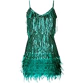 Women's Sequin Cocktail Dresses 1920s Flapper Dress Gatsby Fringe Mini Dresses Feather Prom Party Dress