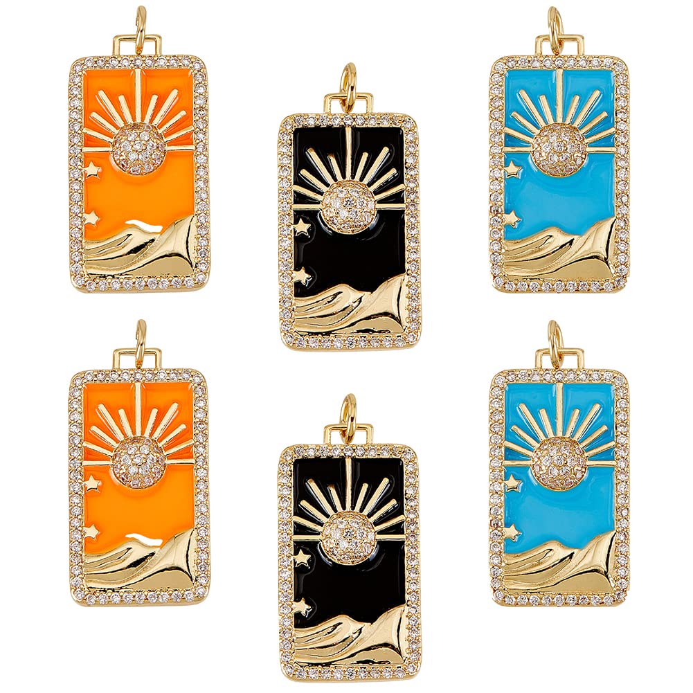 DICOSMETIC 6Pcs 3 Colors Sun Tarot Charm Good Luck Amulet Pendant Enamel Tarot Card Charm Cubic Zirconia Tarot Pendant Rectangle Divination Charm for Bracelet Necklace Jewelry Making, Hole: 3.4mm