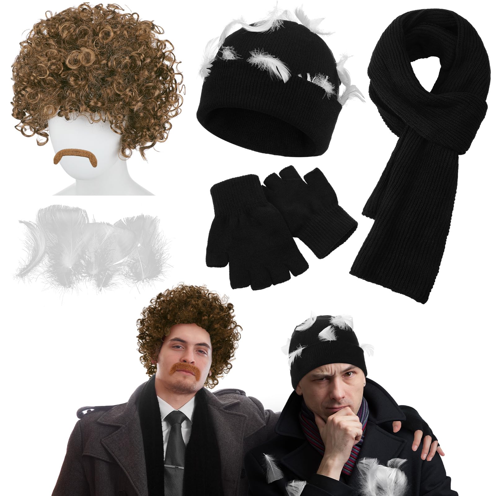 Photo 1 of Mepase 6 Pcs Christmas Costume Funny Movie Costume Include Brown Afro Wig Fake Mustache Beanie Hat Scarf Gloves with White Feathers Bulk for Christmas Holiday Halloween Cosplay Party