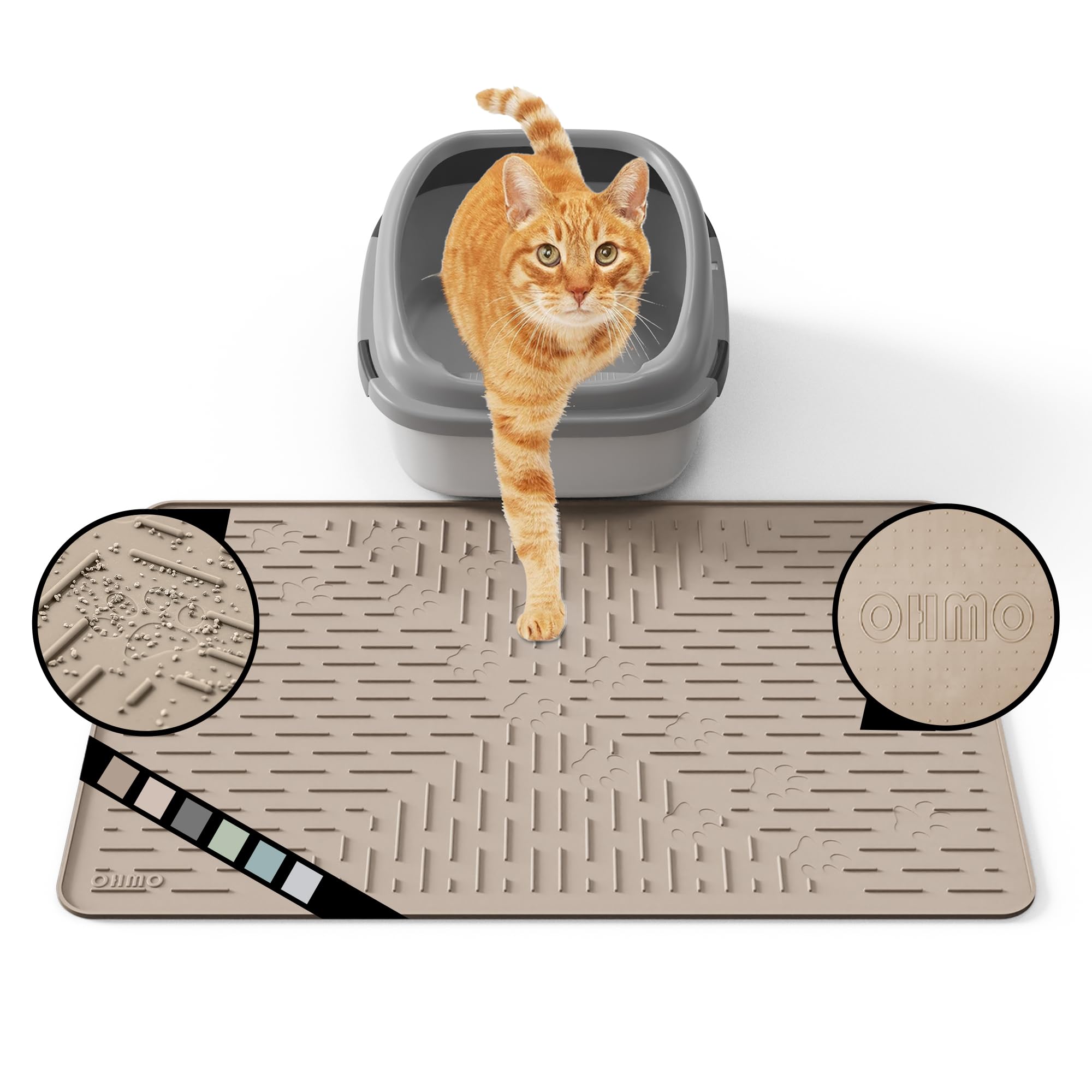 OHMO Cat Litter Mat 60 x 40 cm Beige Premium Silicone Trapping Mat, Easy to Clean Waterproof Kitty Under Box Trapping Mat, Keep The Floor Tidy