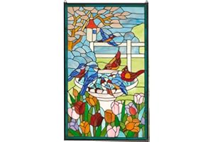 TMI ART PANEL Hanging Stained Glass Window Panel Bird Bath with Flowers, 20.5" x 34.75"
