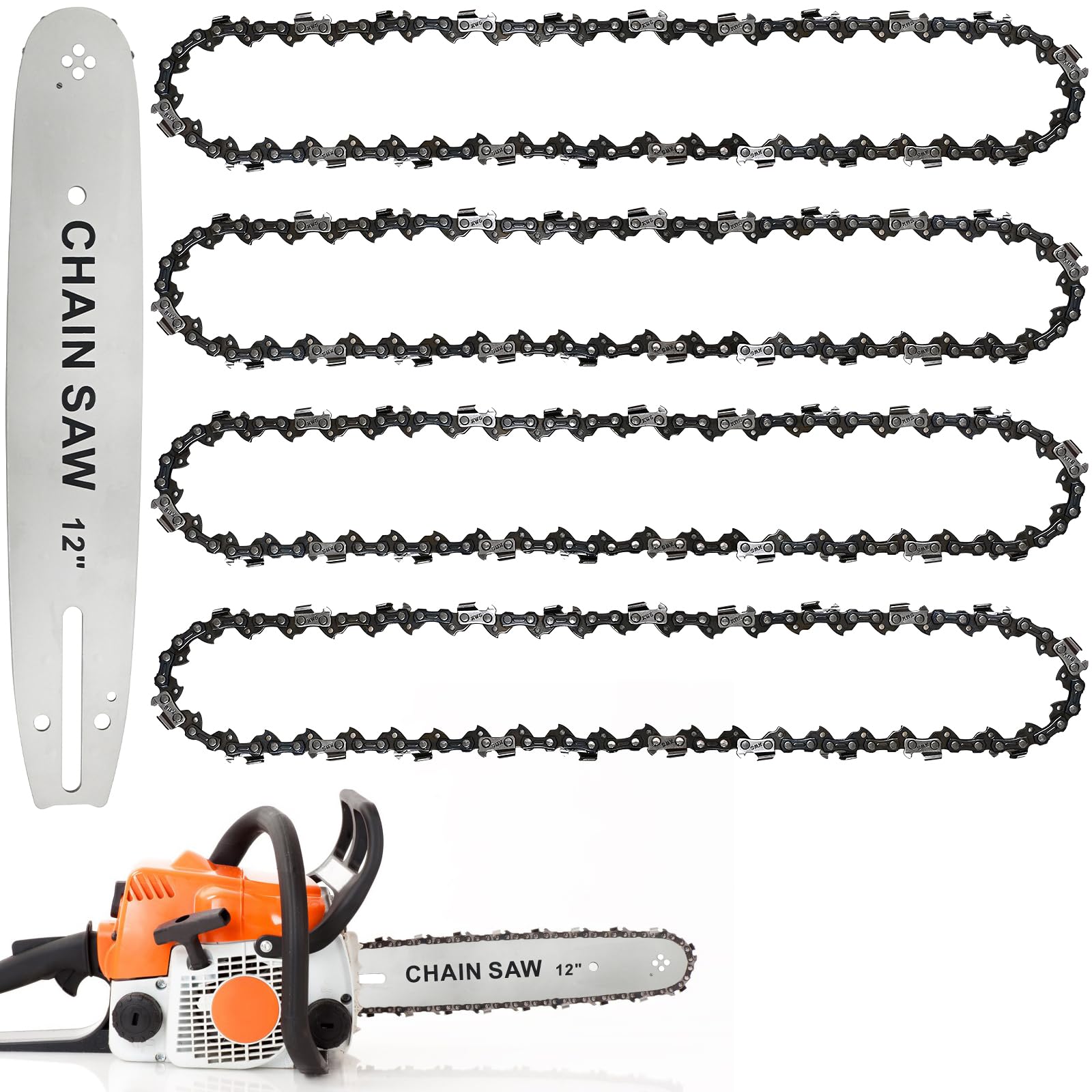 CoKeeSun 4Pcs 12Inch Chainsaw Chains with 12 Inch Chainsaw Guide Bar, Mini Replacement Chain Saw Chain, Low-Kickback Chains- 3/8" Pitch - 0.05" Gauge(1.3mm) Gauge - 45 Drive Links