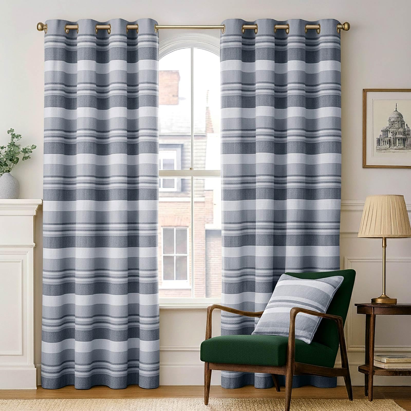 HOMESCAPES 1 Pair of Morocco Ribbed Stripe Curtains 100% Cotton Ring Top (167 x 228 cm (66" x 90" Drop), Monochrome)