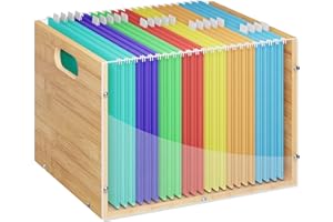 Sbanmao Clear Acrylic File Box Organizer, Bamboo Hanging Folder Storage Boxes, Filing Crate Bin Holder with Handle for Home Office Desk, Letter Size