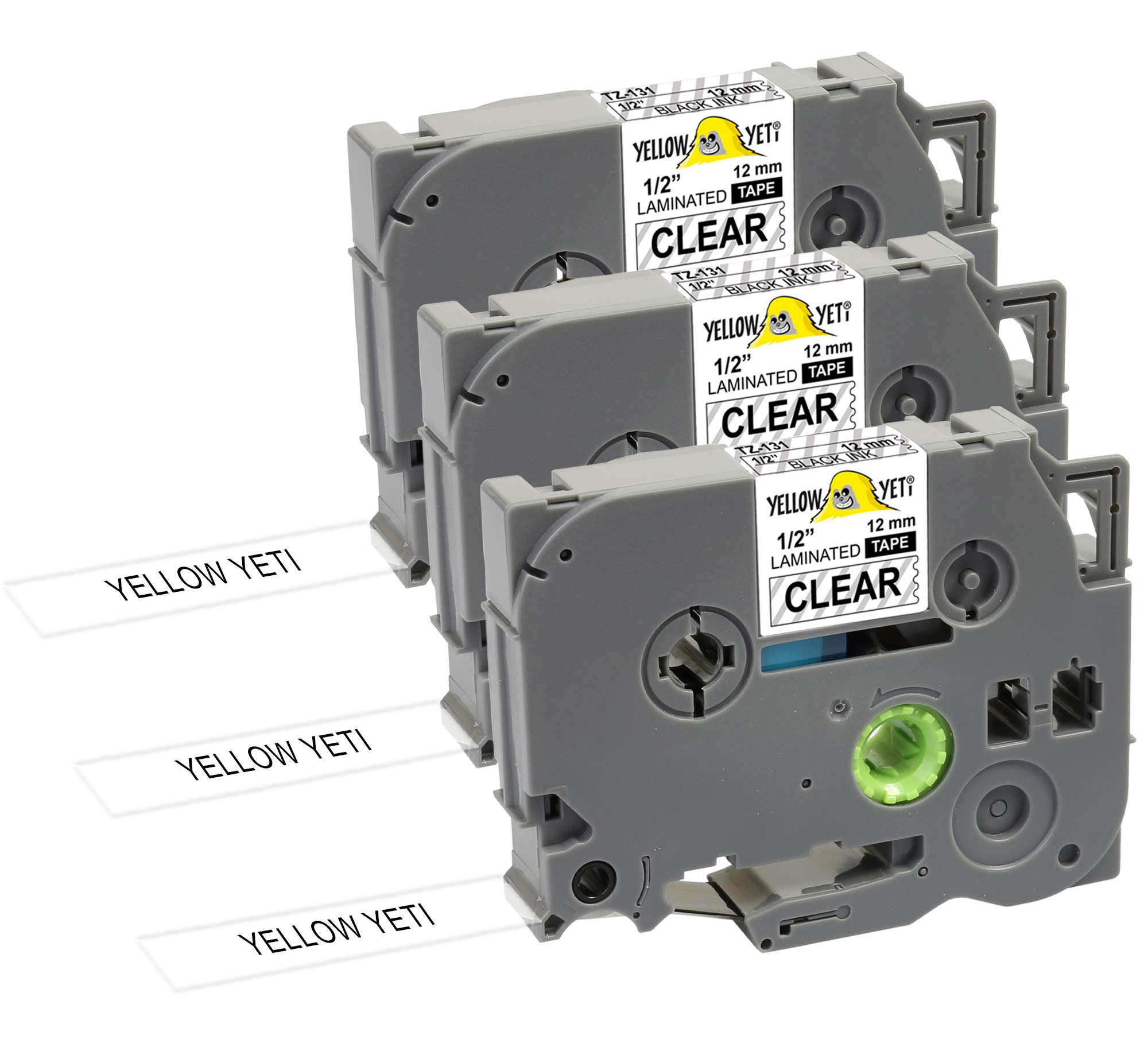 Yellow Yeti 3 Labelling Tape Cassettes TZe-131 TZ-131 12mm x 8m Black on Clear Laminated Label Tapes Compatible with Brother P-Touch PT-1000 PT-H100 PT-D210VP PT-D400 PT-D600VP PT-P700 PT-P750W Cube