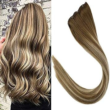 Promocion Sunny 20 Pulgadas50cm 7pcs 120gramo Clip En Extensiones De Cabello Balayage Color Marron Claro Con Rubio Medio 8228 Extensiones De