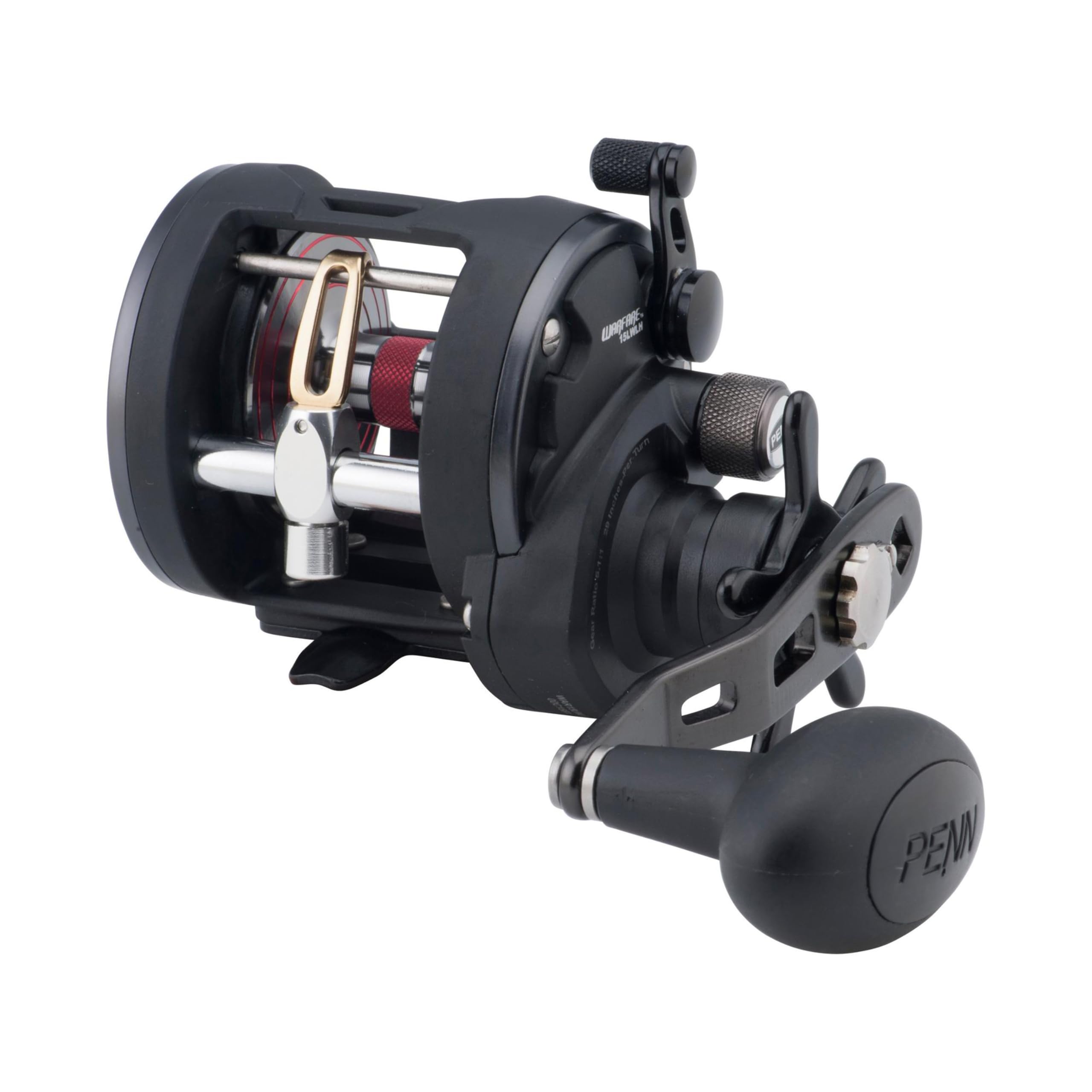 PENN Warfare™ Level Wind, Fishing Reel, Conventional Reels, Sea - Inshore/Nearshore Fishing, Saltwater Boat or Kayak Fishing,Unisex, Black/Red/Smoke, 15 | Left Hand
