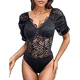 Everbellus Womens Floral Lace Bodysuit Tops Sexy Deep V Neck Bodysuits Elegant Puffy Short Sleeve T Shirts Outfits