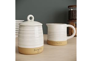 Barnyard Designs Ceramic Stoneware Sugar Creamer Set, 11oz Creamer Pitcher and Sugar Bowl with Lid, Vintage Farmhouse Sugar Creamer Dispenser Container Holder, Sugar Cube Dish Coffee or Tea, Ivory/Tan