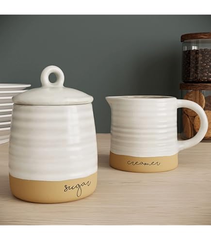 Mud Pie Floral Cream And Sugar Set - 3-Piece Ceramic With Wood Tray, Hand-Painted Details (4" X 7")