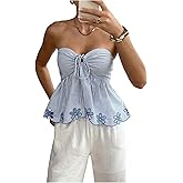 MakeMeChic Women's Summer Tube Top Striped Tie Front Ruched Hollow Out Shirred Bandeau Shirt