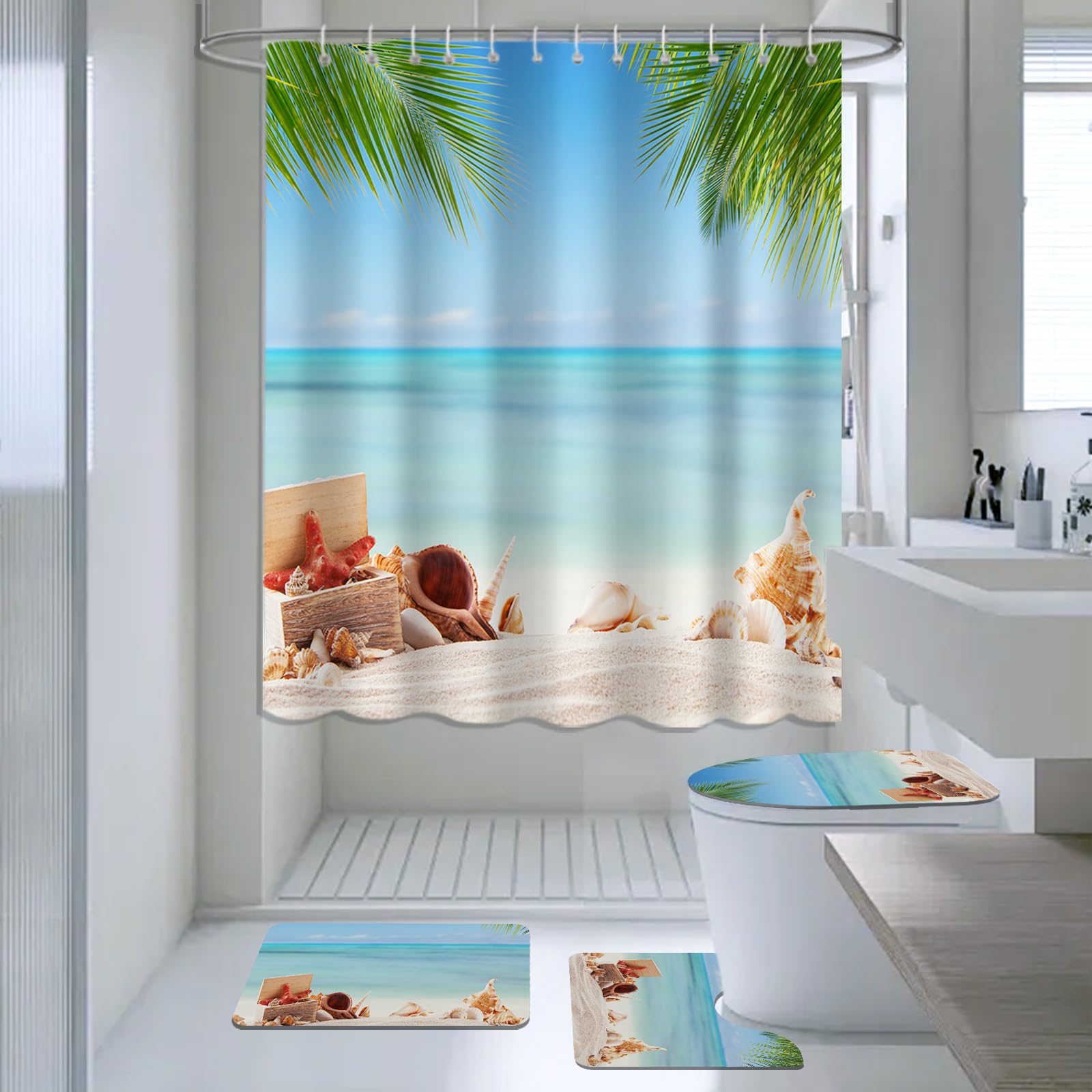 AIBIIN Ocean Beach Shower Curtain Sets 4 Piece Blue Sea Scenery with Non-Slip Rugs Toilet Lid Cover and Bath Mat Palm Tree Leaves Bath Curtains for Bathroom Decor with 12 Hooks