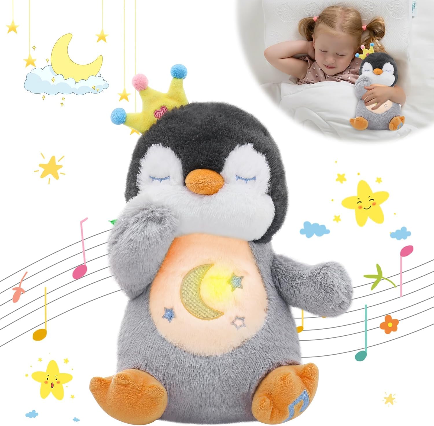 seOSTO Soothing Penguin Breathing Penguin Teddy Plush with Light and Natural Breathing Musical Soothing Doll for Baby Toys New Baby Gifts, Anxiety Teddy for Adults — image 1