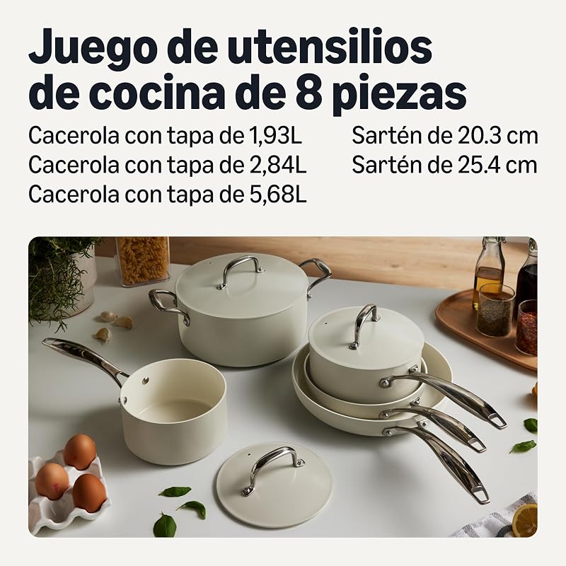 Batería de Cocina Antiadherente de Cerámica, Juego de 8 Piezas de Ollas y Sartenes, Aptas para Lavavajillas y Horno, Compatibles con Todo Tipo de Fuegos, Gris Lino