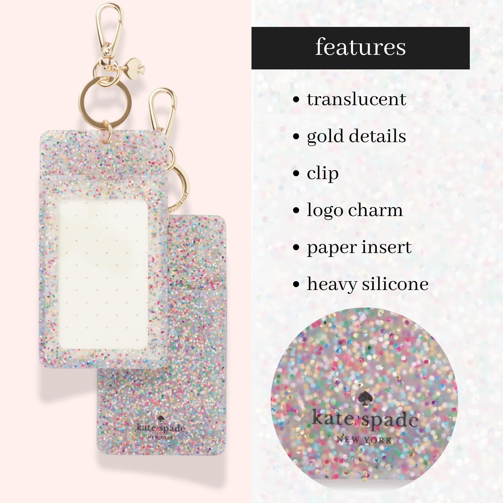 kate spade new york Kate Spade New York Id Badge Clip Key Chain, Sparkle Silicone Keychain Accessory and Suitcase Identifier, Multi Glitter