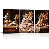 iHAPPYWALL 3 Pieces Kitchen Food Canvas Wall Art Rustic Bread Still Life Picture Artwork for Bakery Dining Room Farmhouse Decor Ready to Hang 16x24inchx3pcs (Dark Brown)