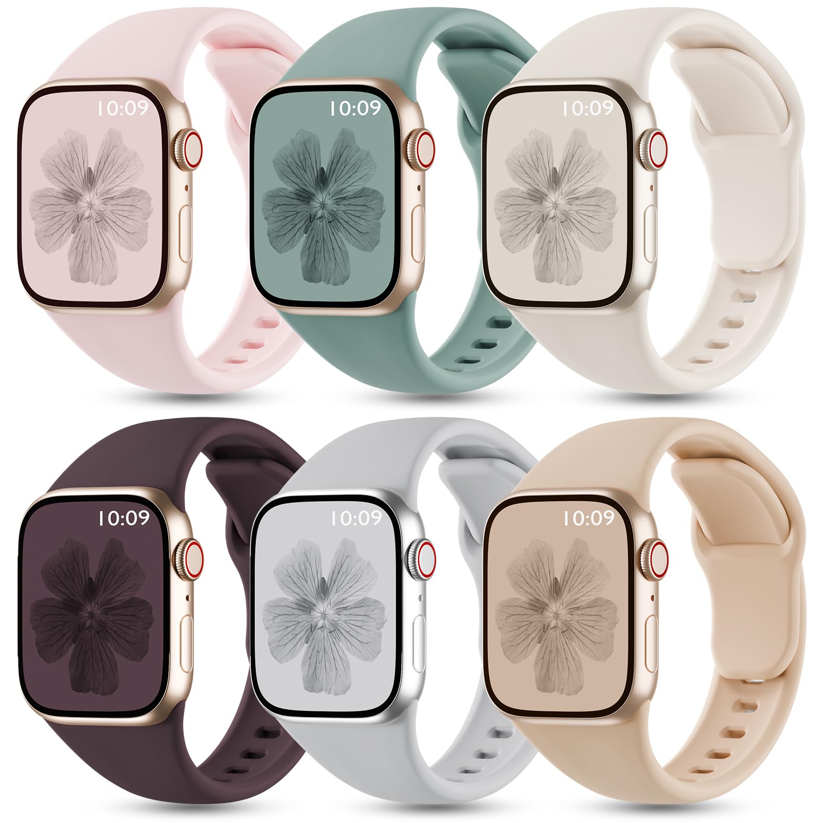 Photo 1 of 6 Pack Silicone Bands Compatible with Apple Watch Band 42mm 41mm 40mm 38mm 46mm 45mm 44mm 49mm Women Men, Patented Wristband Soft Sport Waterproof Strap for iWatch Series 10 9 8 7 6 5 4 3 2 1 SE Ultra