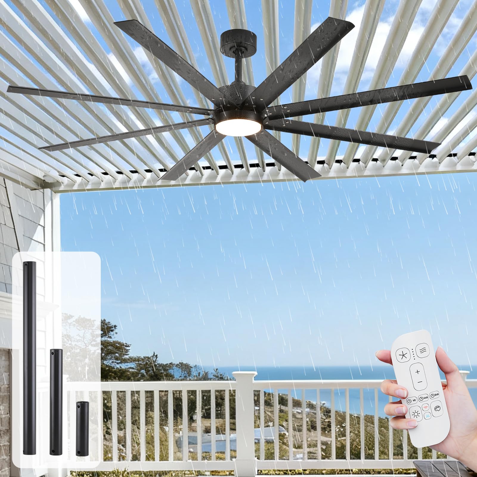 Photo 1 of *****************FOR PARTS ONLY*******************
65 Inch Outdoor Ceiling Fan with Light and Remote, Waterproof All Weather Wet Rated, Modern Black Industrial Fan, 8 Aluminum Blades, High CFM Energy Efficient Quiet DC Motor, for Patio Gazebo Porch