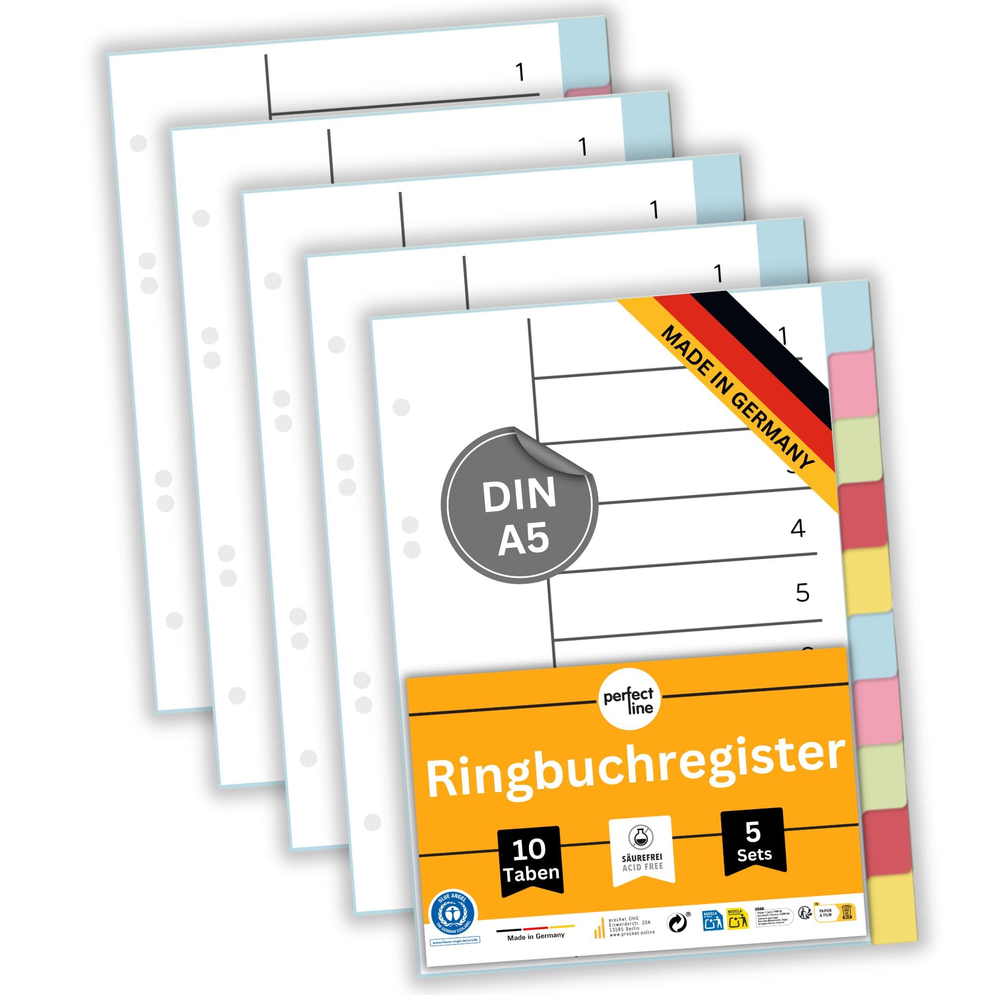 perfect line 5 Pieces, 10 dividers DIN A5 Colour with Cover Page (5 x 10), 16.3 x 21.5 cm, Register dividers, 5 Different Colours, Perfect Organisation in The Office for Filing folders