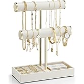 Vlando 2 Tier Bracelet Holder Organizer with Tray - Leather Jewelry Stand Organizer for Women - Jewelry Holder Display for Necklace, Watches, Rings, Earrings, Bangle, Scrunchie - Cloud White