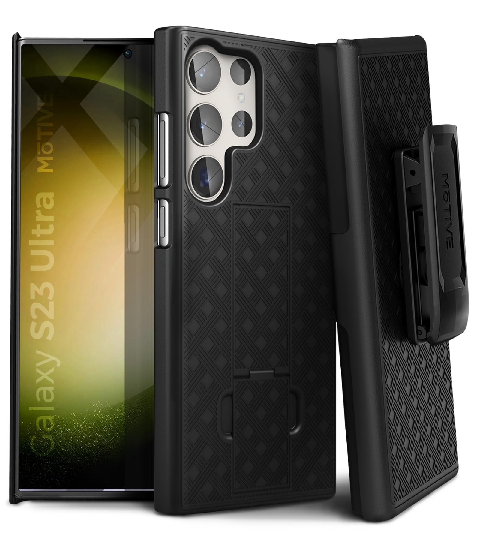 MOTIVE Designed for Samsung Galaxy S23 Ultra Case with Belt Clip, Holster Case for S23 Ultra, Shell Holster Combo, Slim Rugged Drop Shockproof Protective Cover with Kickstand (6.8") | Black