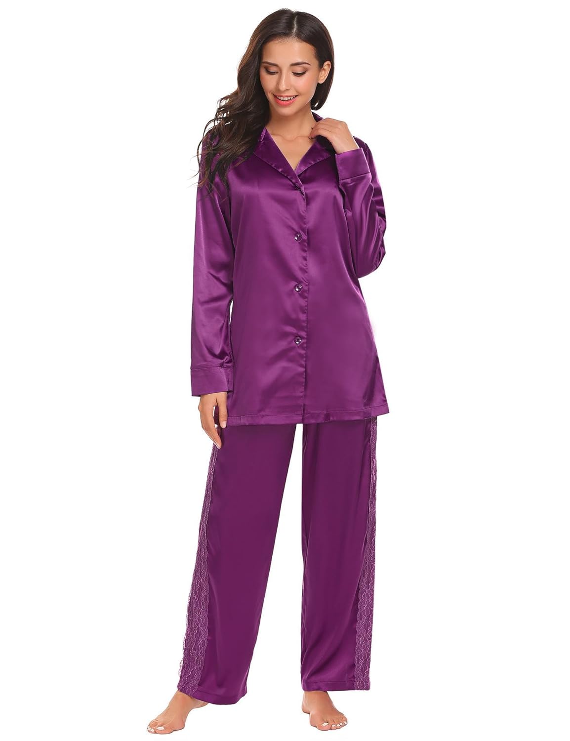Buy Acecor Women's Satin Pajama Set Long Button Down Sleepwear with