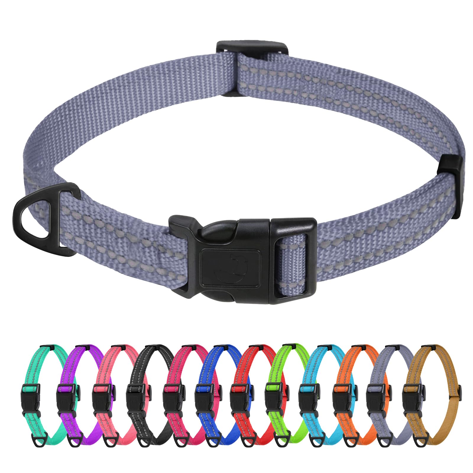 TagMe Reflective Nylon Dog Collars, Adjustable Classic Pet Collar with Quick Release Buckle for Small Dogs, Grey, 1.5 cm Width