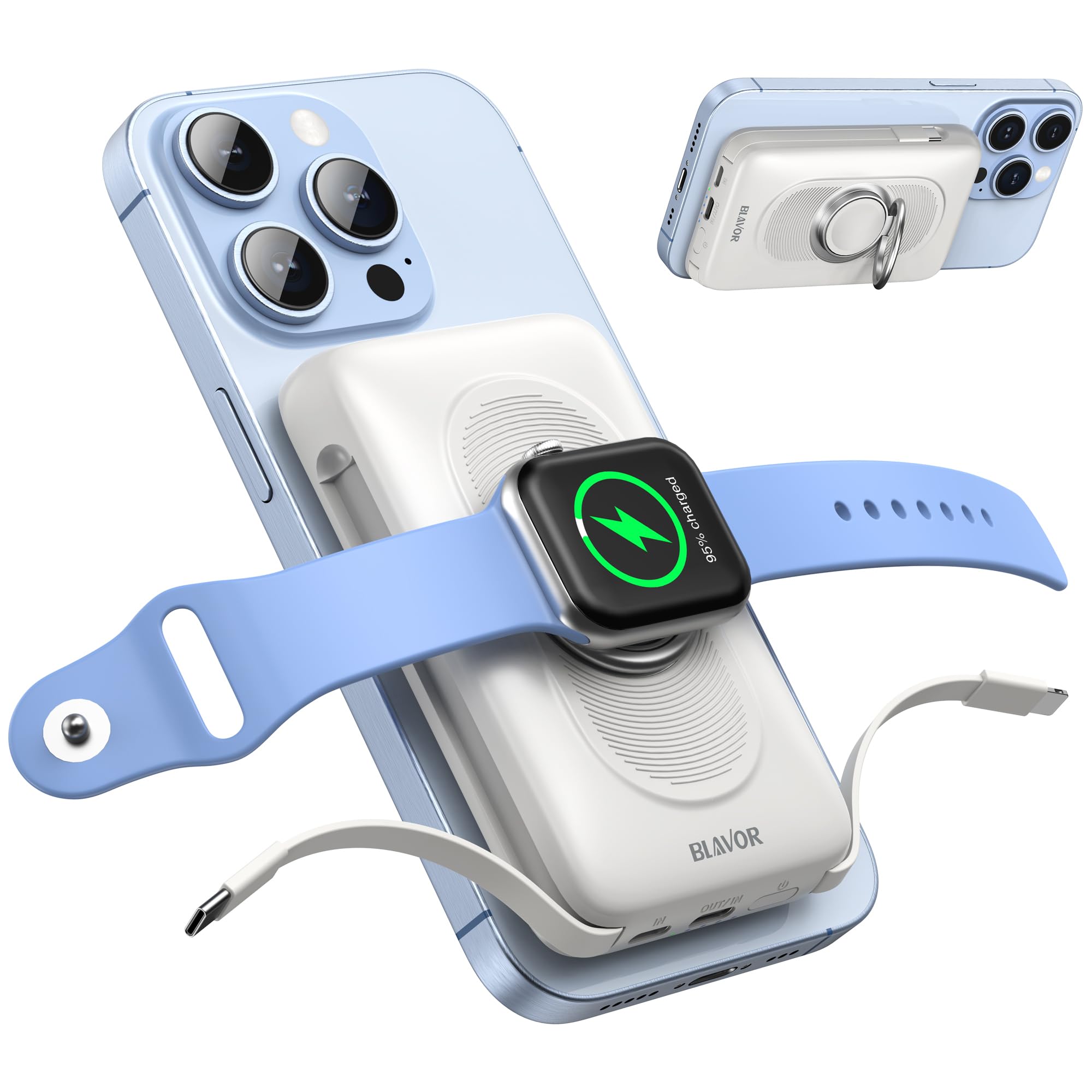 BLAVOR for Magsafe Portable Charger with Built-in Cables, 10000mAh Wireless Magnetic Power Bank with Stand, USB C 20W PD Fast Charging Travel Battery Pack for iPhone 17/16/15/14/13/12 and Apple Watch