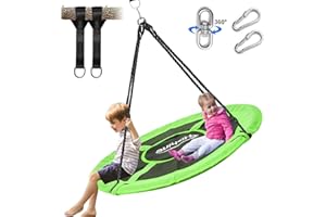 Hishine 43" Saucer Tree Swing for Kids, 360° Rotate Waterproof Flying Saucer Swing with Swivel, Hanging Straps, Adjustable Ropes, Round Mat Spinner Swing for Tree/Swing Set (Green)