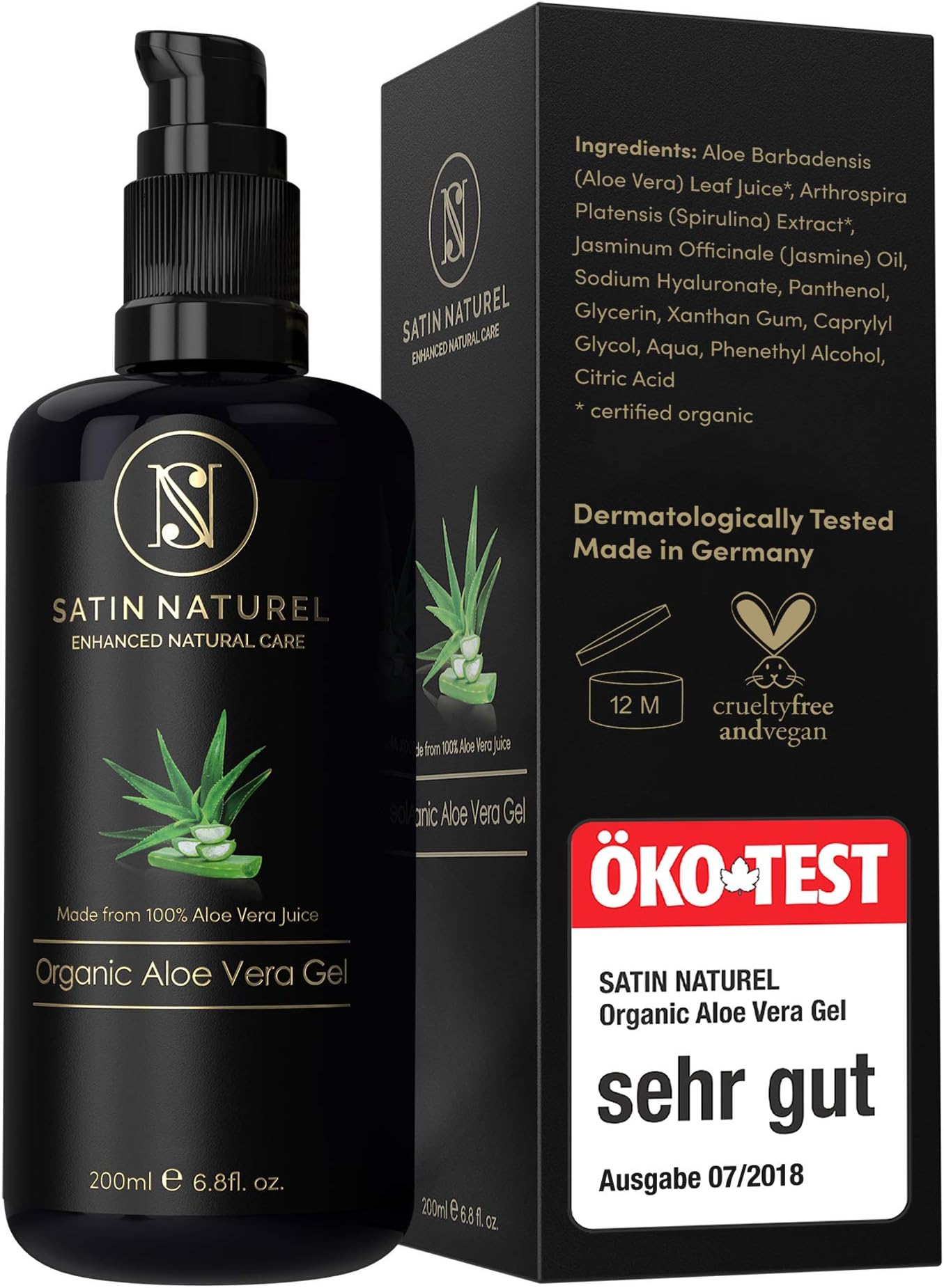 Aloe Vera Gel ORGANIC 100% – ECO-Test “VERY GOOD”* 08/20 - Vegan Skin Care MADE IN GERMANY - Highest Quality – 200 ml Violet Glass Bottle - Natural Cosmetics With Hyaluronic Acid, Spirulina & Jasmin