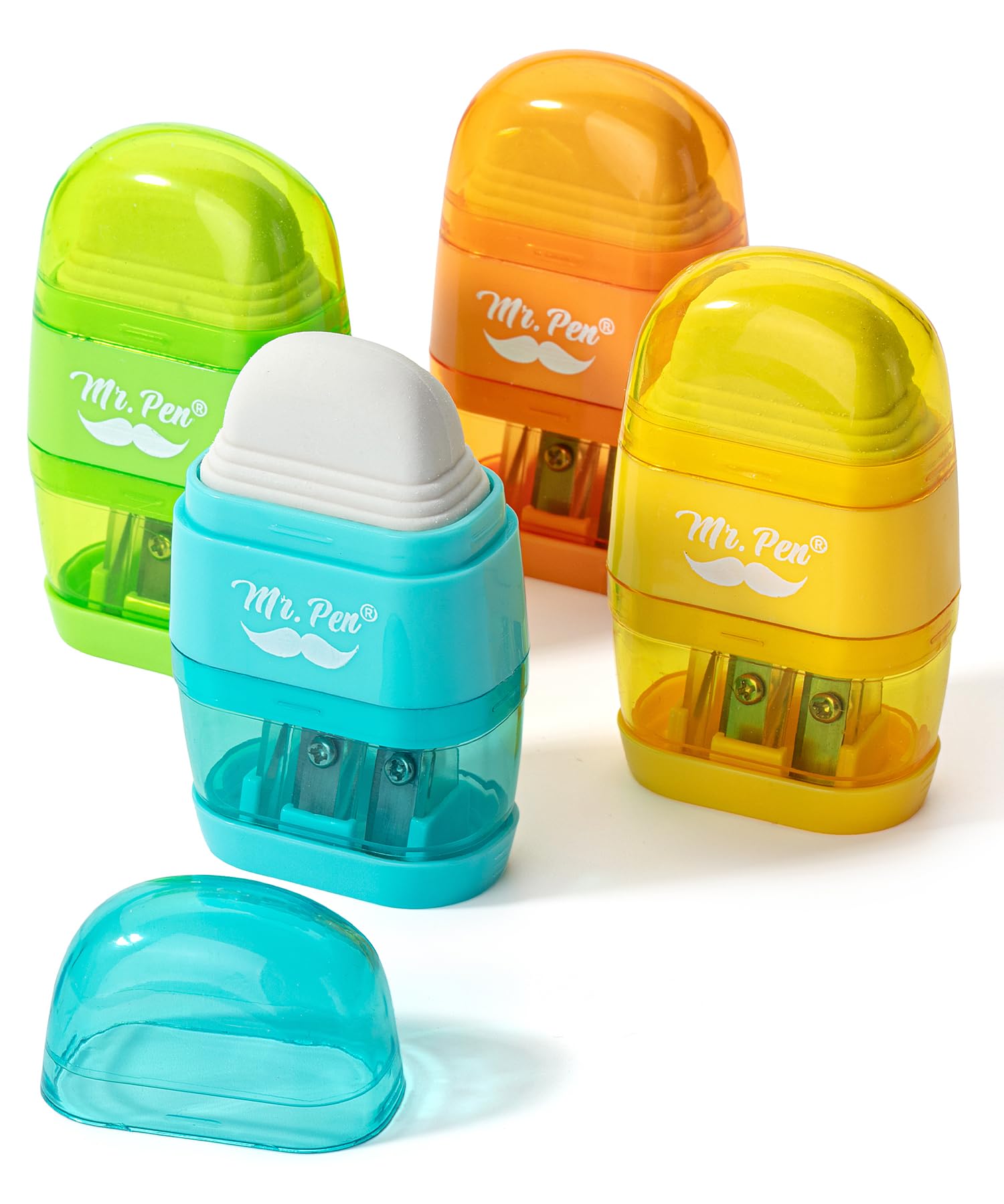 Photo 1 of Mr. Pen- Pencil Sharpener & Eraser, 4 Pack, Colorful, 2 Sharpening Holes, Manual Handheld Small Pencil Sharpener