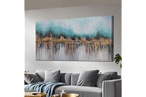 Ardemy Teal Abstract Canvas Wall Art Landscape Nature Scenery Painting Modern Turquoise Grey Panoramic Bird Picture Artwork Large Framed for Living Room Bedroom Bathroom Home Office Wall Decor 40"x20"