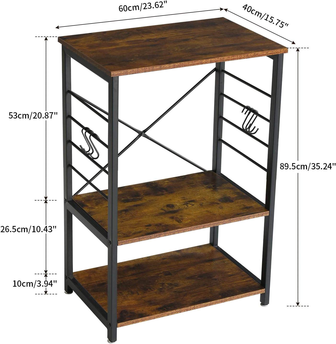 YMYNY Industrial Microwave Oven Stand, 3-Tier Kitchen Baker's Rack with Metal Frame and 6 Hooks, Multifunctional Coffee Bar for Living Room Decoration, Rustic Brown UTMJ022H - Standing Baker's Racks
